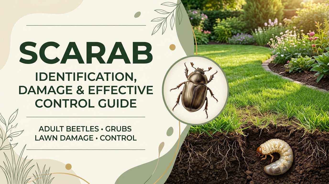 Scarab beetle resting on a garden plant with green leaves and visible feeding damage