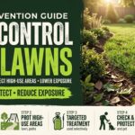 A healthy green lawn and garden with subtle tick-prevention elements, such as lawn treatment spray and protective gardening practices.