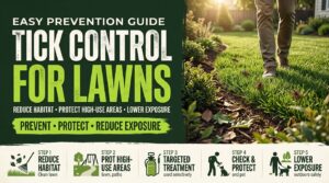A healthy green lawn and garden with subtle tick-prevention elements, such as lawn treatment spray and protective gardening practices.