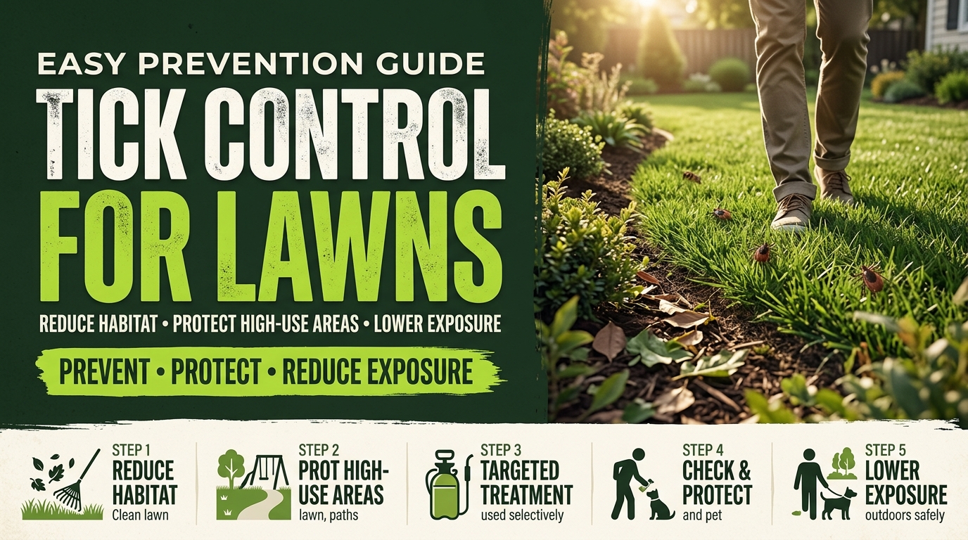 A healthy green lawn and garden with subtle tick-prevention elements, such as lawn treatment spray and protective gardening practices.