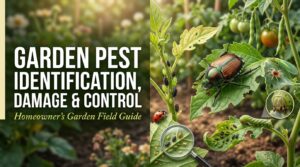 Garden pest identification showing common bugs and plant damage