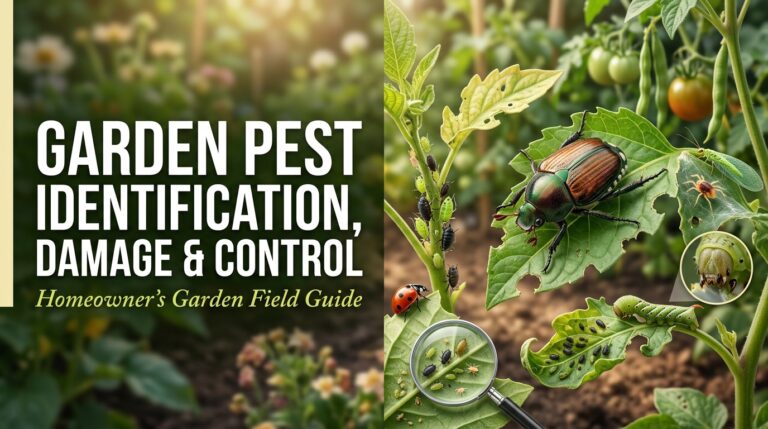 Garden pest identification showing common bugs and plant damage