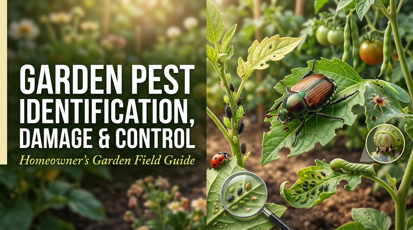 Garden pest identification showing common bugs and plant damage