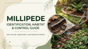 Millipede crawling through damp leaf litter in a garden habitat