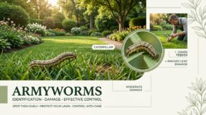 Army worms feeding on crops, showing leaf damage and visible caterpillars.
