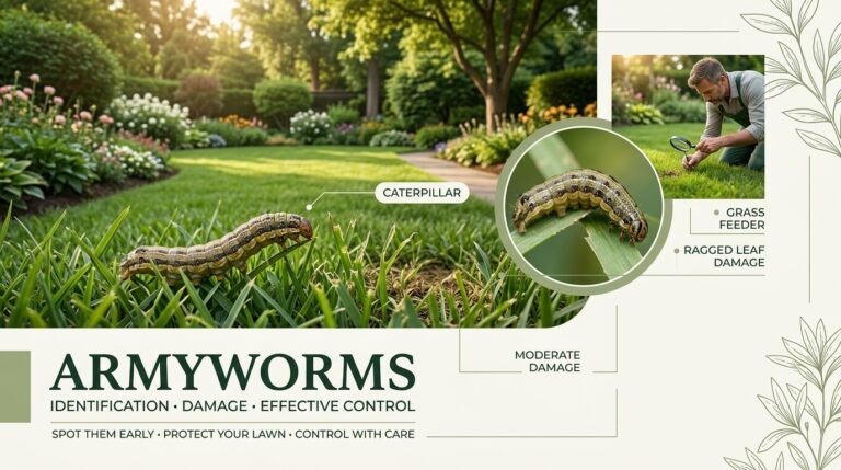 Army worms feeding on crops, showing leaf damage and visible caterpillars.