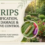 Thrips feeding on a green plant leaf and causing visible damage