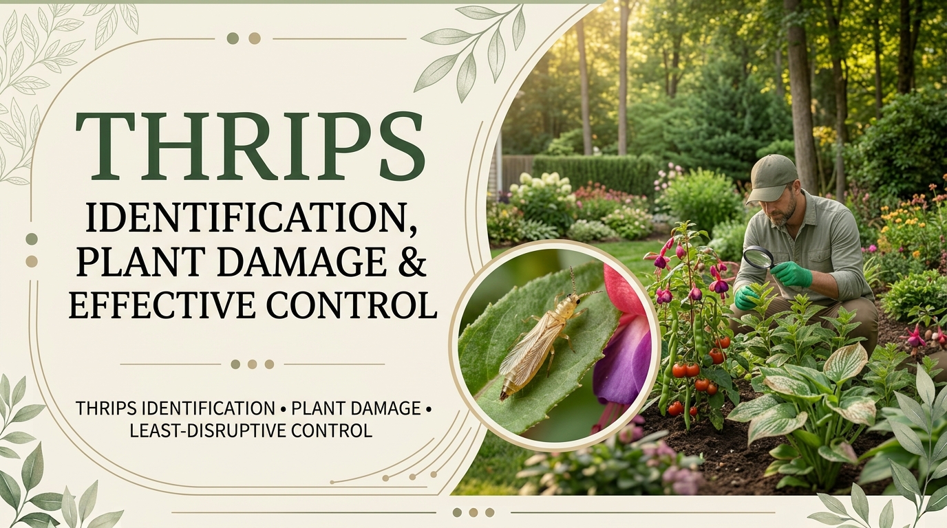 Thrips feeding on a green plant leaf and causing visible damage