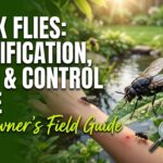 Black flies gathered near vegetation, showing their small dark bodies and biting fly characteristics.