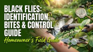Black flies gathered near vegetation, showing their small dark bodies and biting fly characteristics.