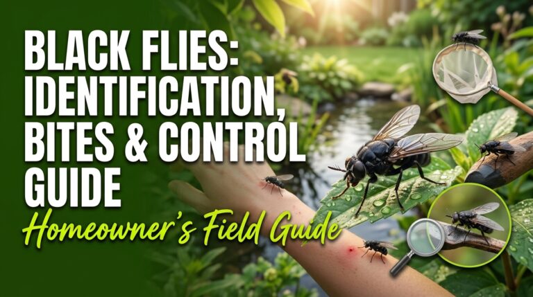 Black flies gathered near vegetation, showing their small dark bodies and biting fly characteristics.