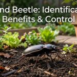 Ground beetle racing across garden soil beside a plant pot, showing its dark body, long legs, and slender antennae.