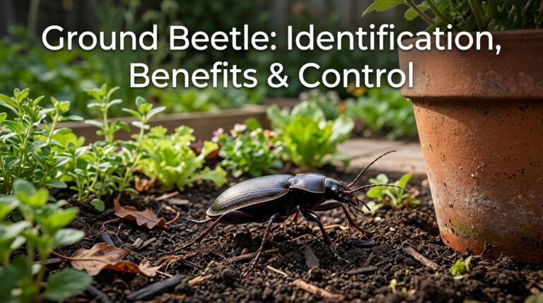Ground beetle racing across garden soil beside a plant pot, showing its dark body, long legs, and slender antennae.