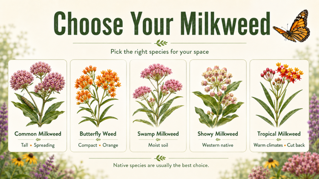 Close-up of delicate milkweed flowers surrounded by green leaves