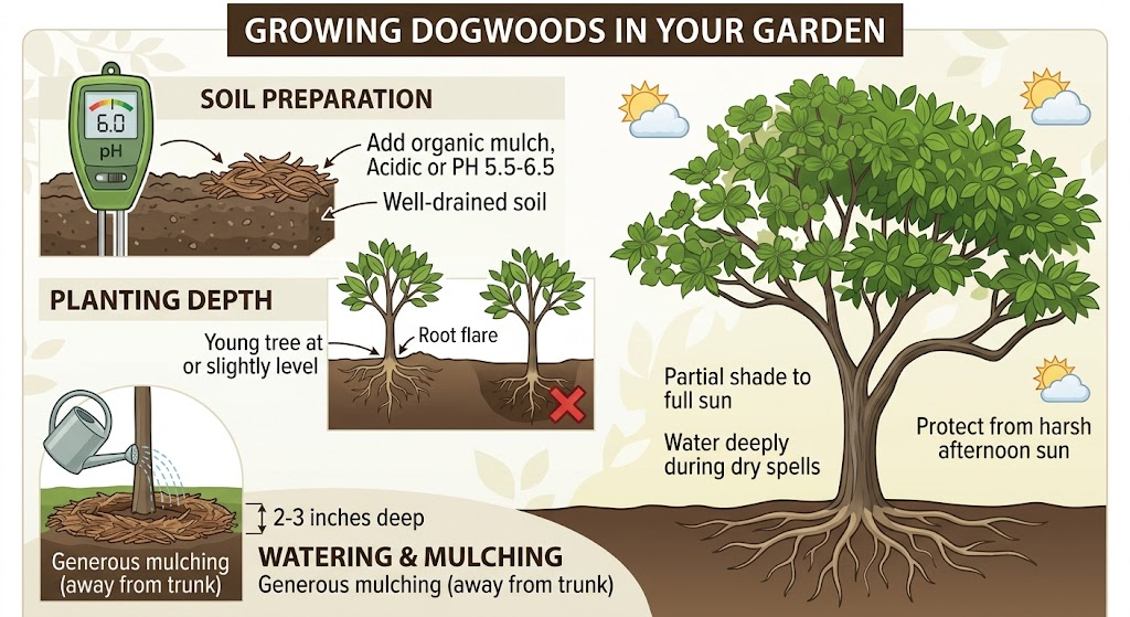 Mature dogwood tree growing naturally in a woodland landscape