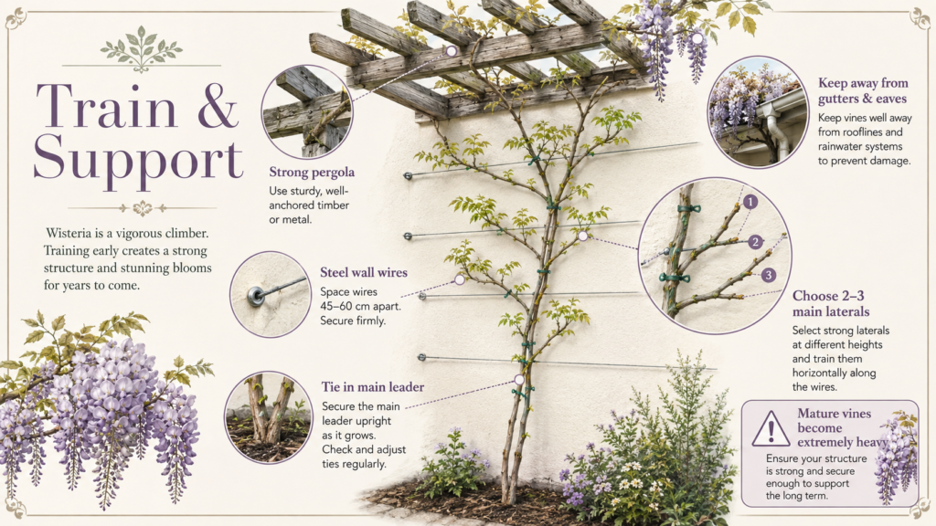 How to grow wisteria by training vines along a strong garden trellis