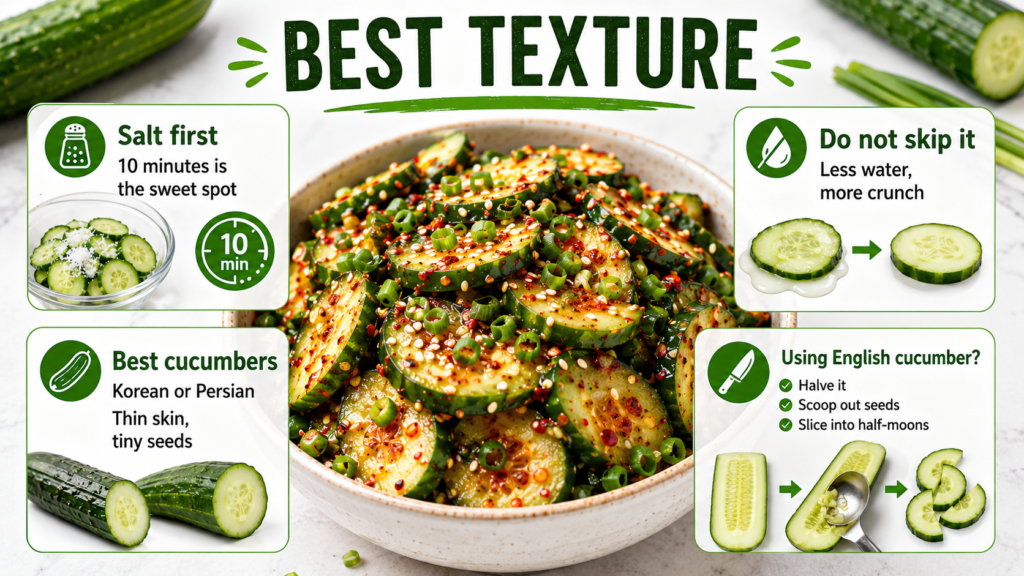 Korean Cucumber Salad: Easy Fresh & Spicy Cucumber Recipe Korean cucumber salad garnished with sesame seeds and green onions. best texture
