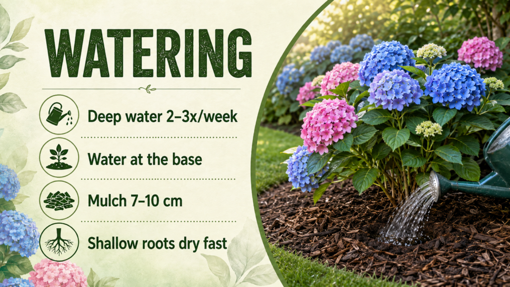 Hydrandea care with regular watering to maintain consistent soil moisture