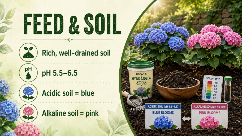 Hydrandea care with mulch protecting the plant roots and retaining soil moisture