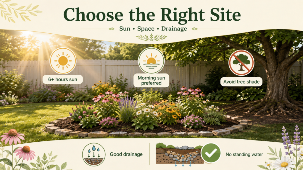 How to start a flower garden by choosing a sunny location with good drainage