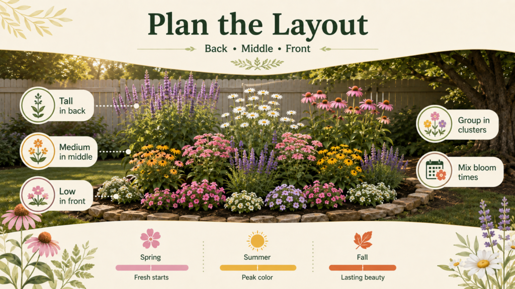 How to start a flower garden by arranging flowers with proper spacing