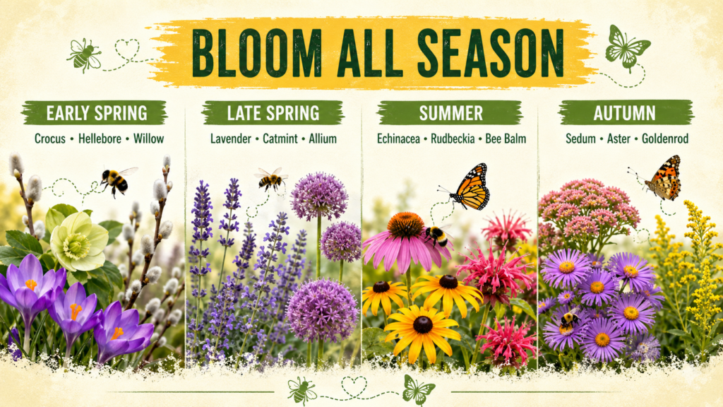 How to Create a Pollinator Garden for Bees & Butterflies Butterfly and bee visiting flowers in a blooming pollinator garden