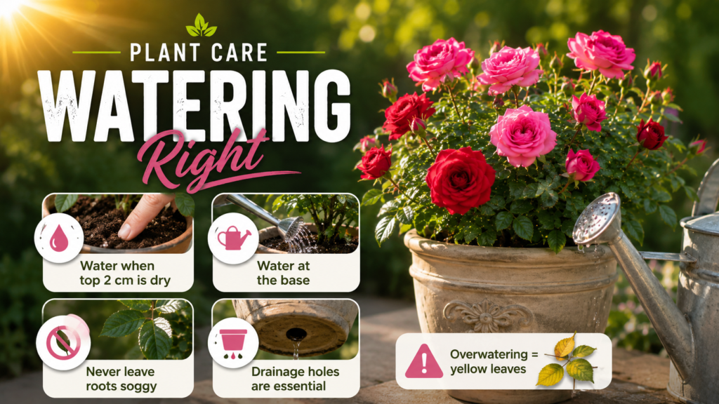 Watering a miniature rose plant at the base