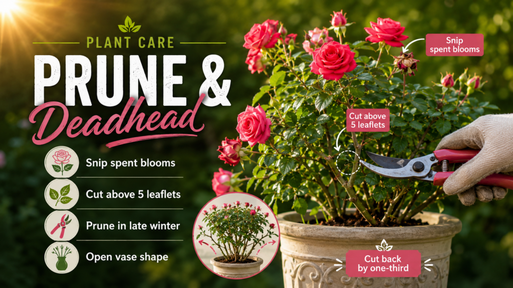 Gardener pruning and deadheading a miniature rose plant