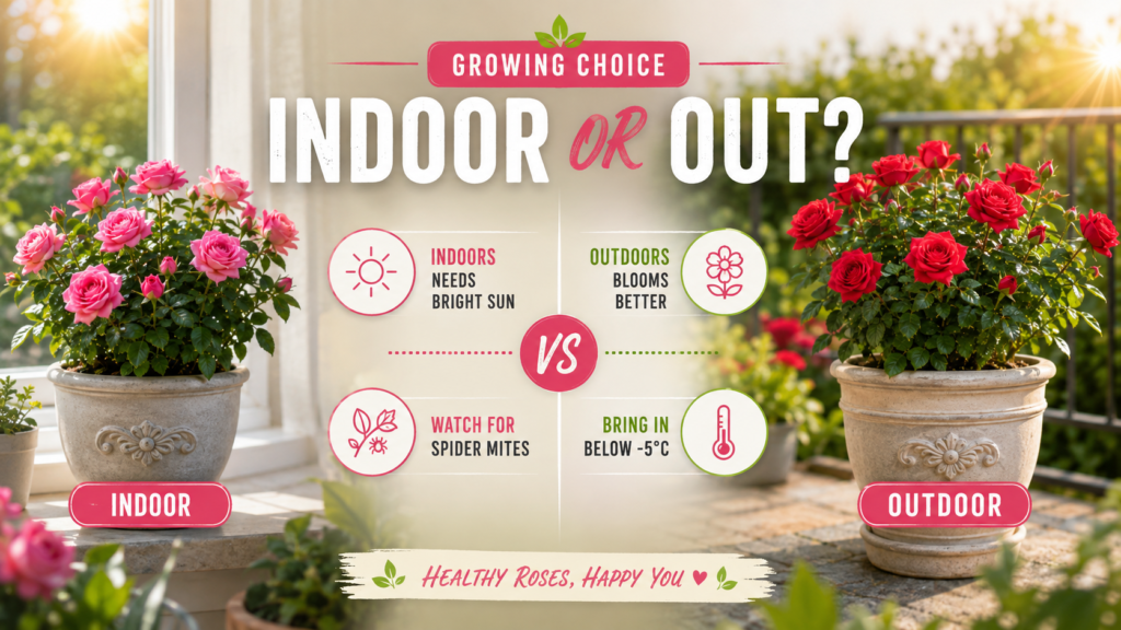 Healthy miniature roses receiving bright sunlight