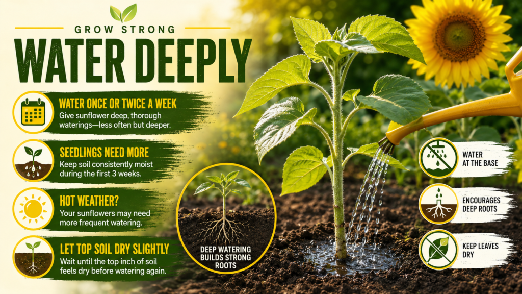 How to Planting Sunflower Seeds: Growing & Care Guide Watering deeply young sunflower plants at the base