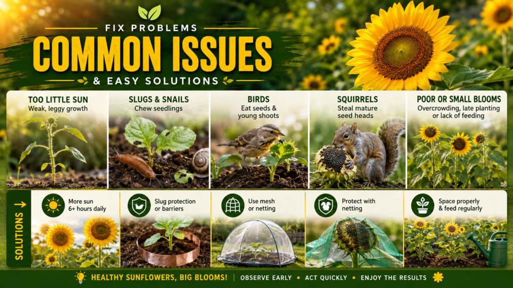 How to Planting Sunflower Seeds: Growing & Care Guide Sunflower buds developing on healthy green plants
Bright yellow sunflowers blooming in a summer garden. common issues
