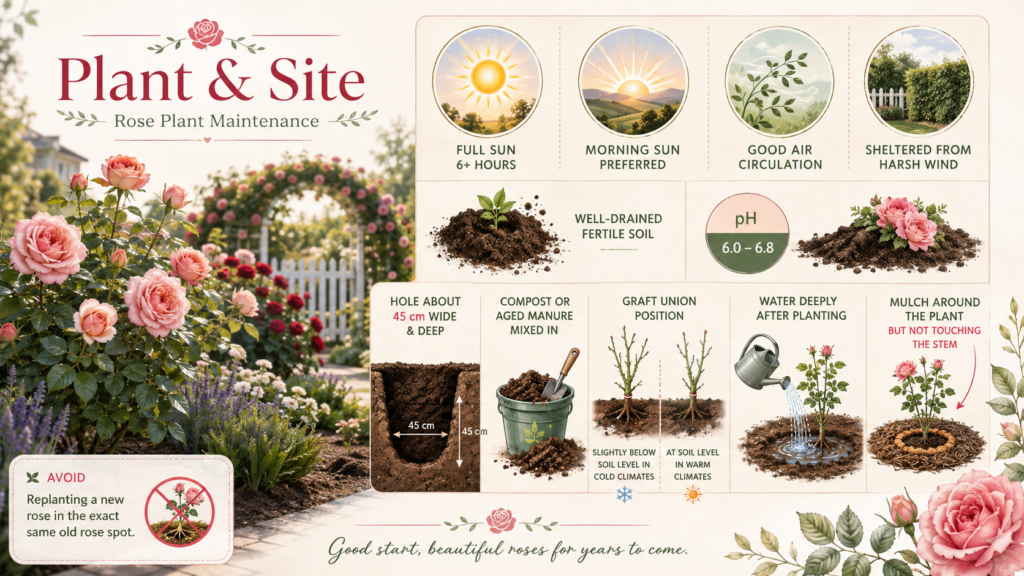 Healthy rose plant growing in a sunny garden
Gardener pruning rose plant branches with clean shears