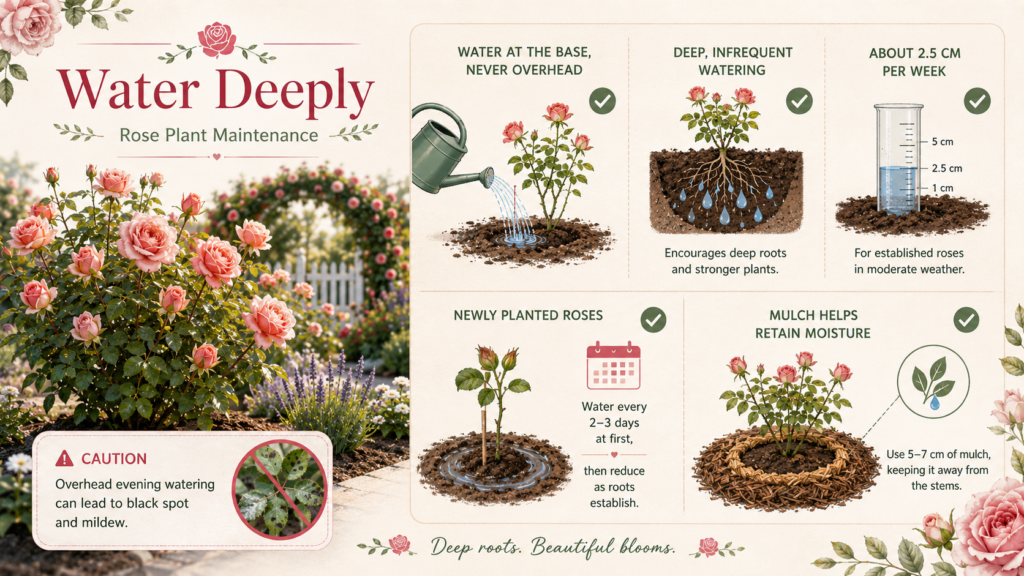 Watering a rose plant at the base to support healthy growth