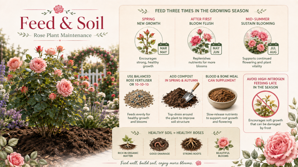 Rose plant growing in rich, well-drained garden soil