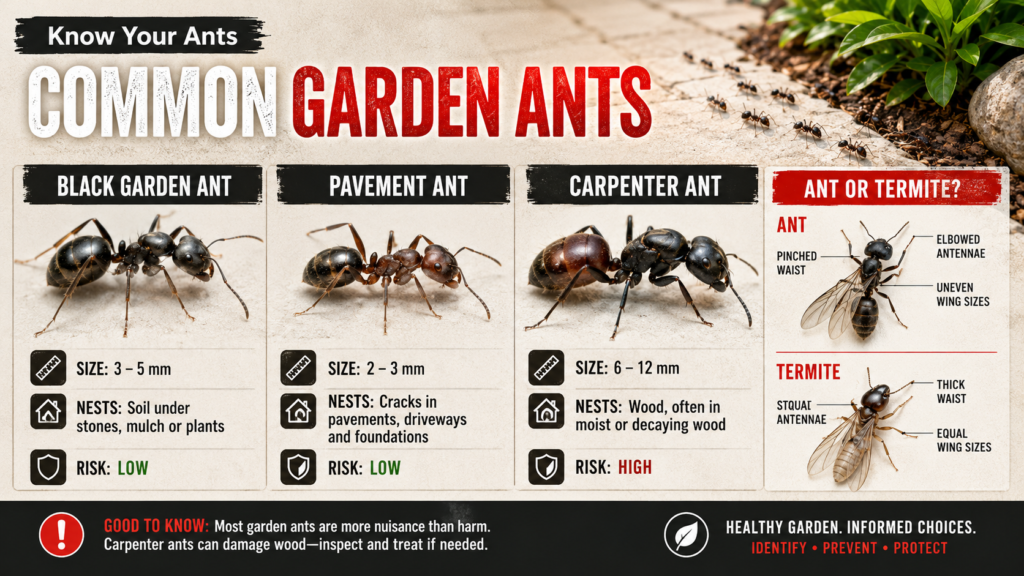 How to Get Rid of Ants: Identification & Control Guide Close-up of common garden ants crawling on soil and plants, showing their size, color, and physical features for identification.