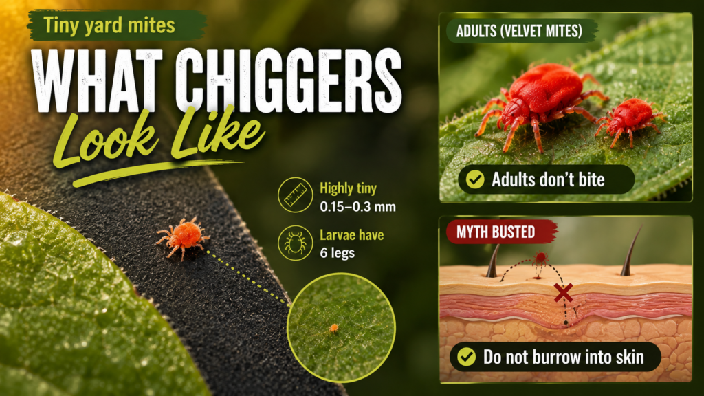Chiggers: What They Look Like, Bites & How to Stop Them Close-up of tiny chiggers on grass and vegetation, showing their small size and reddish-orange appearance.