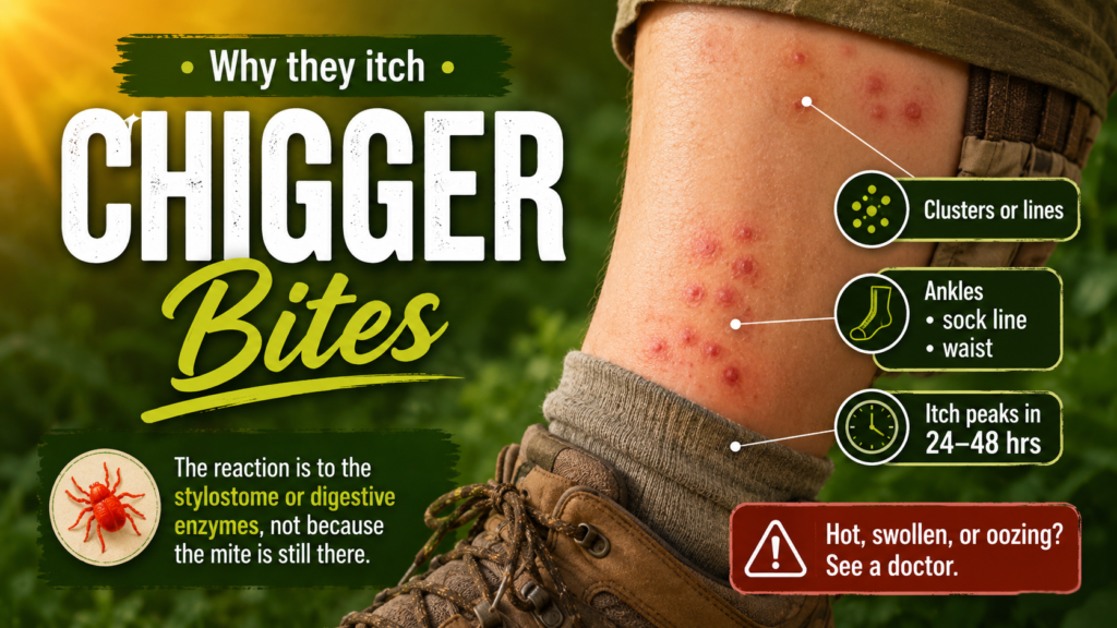 Chiggers: What They Look Like, Bites & How to Stop Them Red, itchy chigger bites appearing on skin after exposure to infested grass or vegetation.