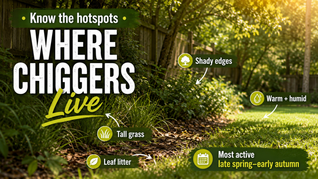 Chiggers: What They Look Like, Bites & How to Stop Them Chiggers hiding in tall grass, weeds, brush, and shaded vegetation around a residential yard