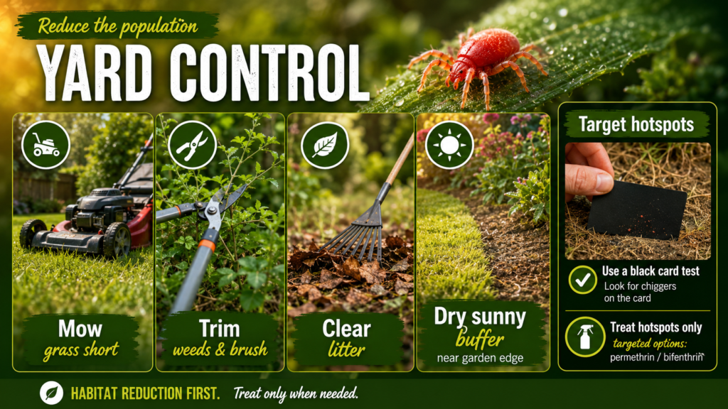 Chiggers: What They Look Like, Bites & How to Stop Them Garden yard being treated and maintained to reduce chigger populations in grassy and overgrown areas.