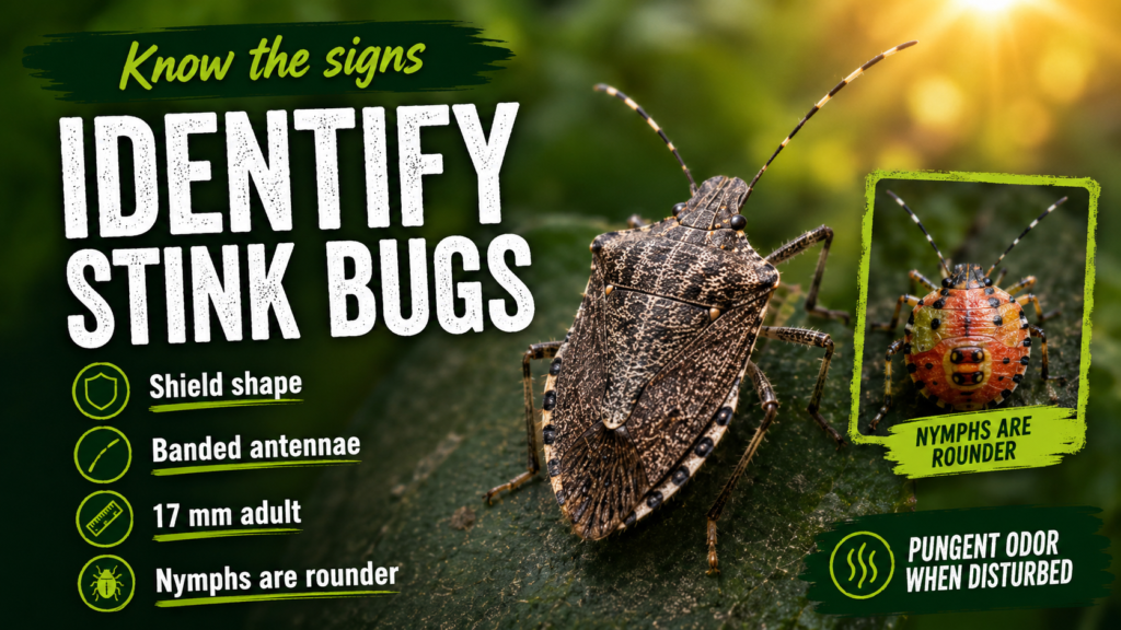 How to Identify Stink Bug Damage, Diet & Control Them Close-up of a stink bug on a green leaf, showing its distinctive shield-shaped body and markings.