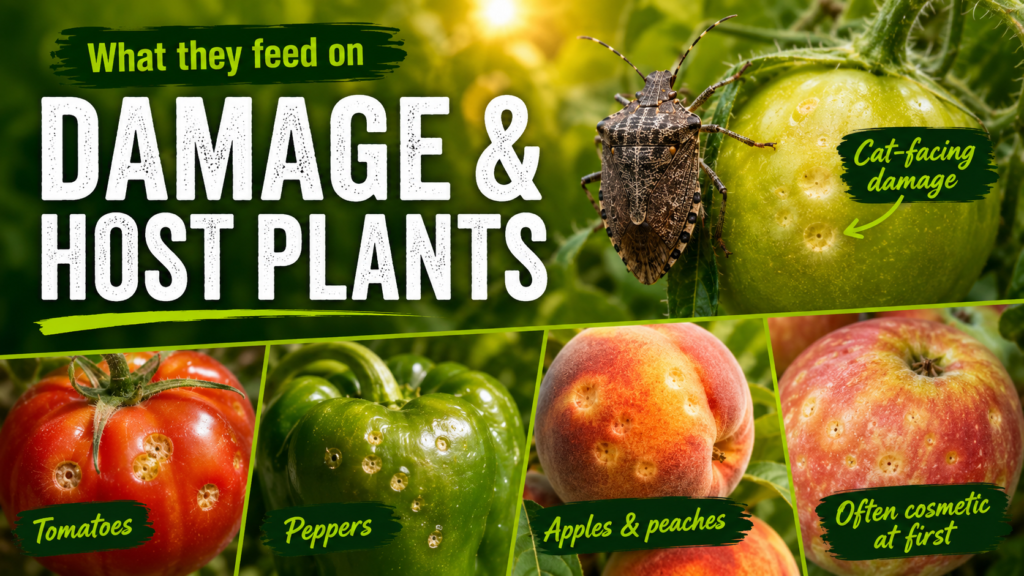 How to Identify Stink Bug Damage, Diet & Control Them Stink bug feeding on a garden plant with visible damage and discoloration on the leaves.