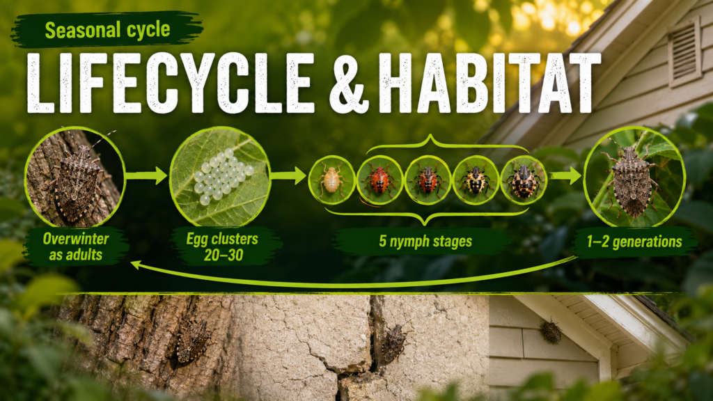 How to Identify Stink Bug Damage, Diet & Control Them Stink bugs at different life stages on garden plants surrounded by their natural habitat.