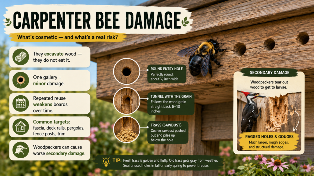 Carpenter Bees: Identification, Damage & Control Guide Round carpenter bee nesting holes visible in a wooden structure, showing potential wood damage.
