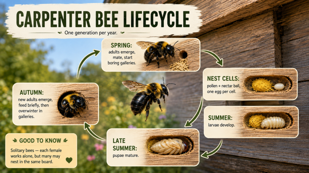 Carpenter Bees: Identification, Damage & Control Guide Carpenter bee near a wooden nesting area, illustrating its typical habitat and nesting environment.