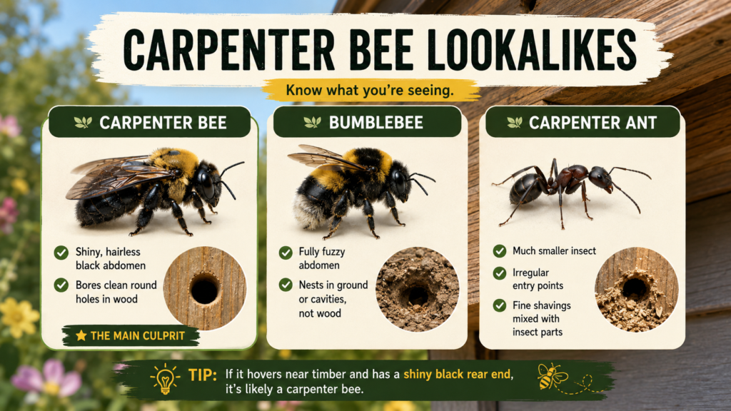 Carpenter Bees: Identification, Damage & Control Guide Carpenter bee alongside a similar-looking bee to highlight differences in body shape and appearance