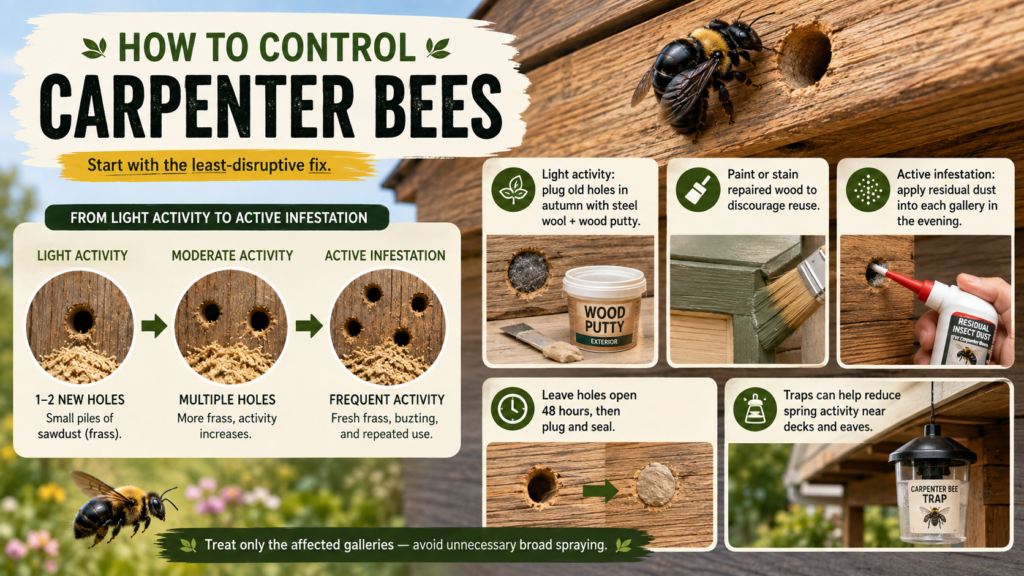 Carpenter Bees: Identification, Damage & Control Guide Carpenter bee control using gentle methods to protect wooden structures and surrounding garden areas.