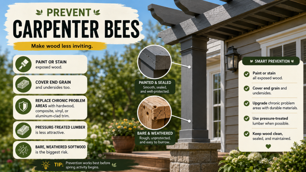 Carpenter Bees: Identification, Damage & Control Guide Painted and well-maintained wooden surfaces helping prevent carpenter bees from creating nesting holes.