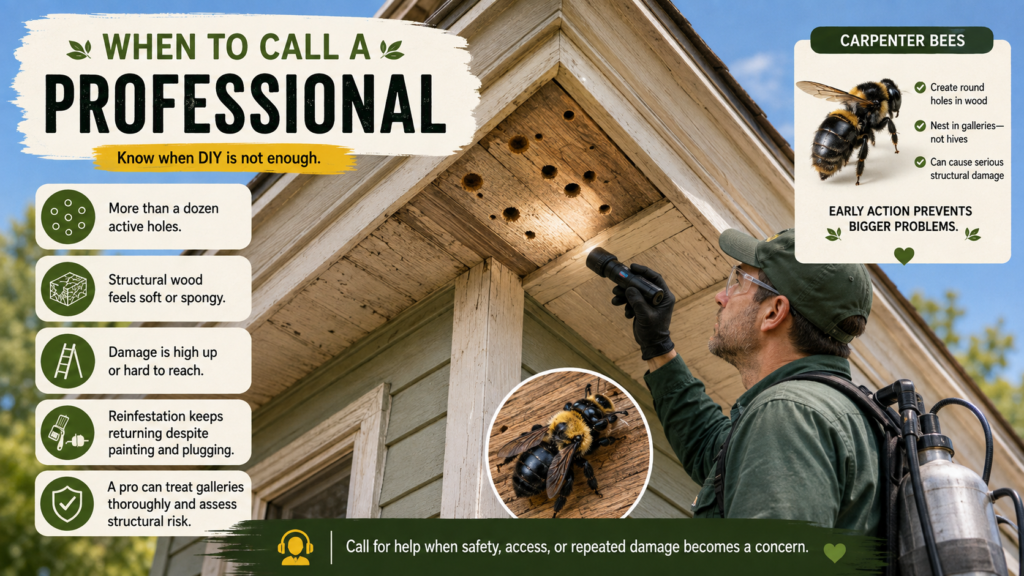 Carpenter Bees: Identification, Damage & Control Guide Pest control professional inspecting wooden structures for signs of carpenter bee activity and damage.