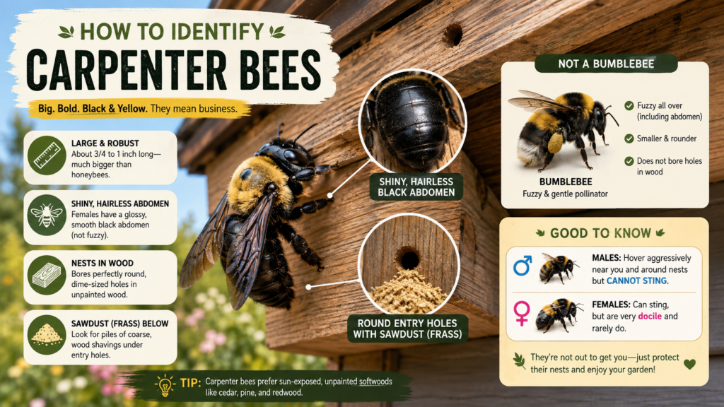 Carpenter Bees: Identification, Damage & Control Guide Close-up of a carpenter bee showing its large body, dark shiny abdomen, and distinctive appearance.