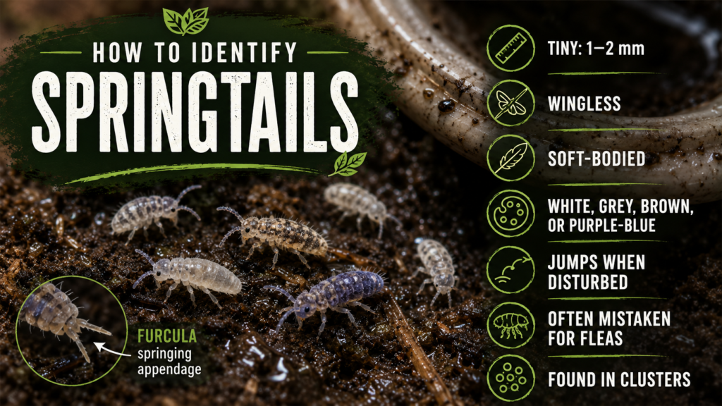 Springtails: Identification, Habitat & Control Guide Close-up of tiny springtails on moist soil, showing their small size and pale body color.
